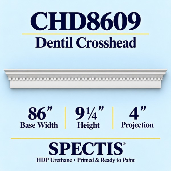 CHD8609 Dentil Crosshead in primed HDP urethane, 86 inch base width × 9 1/4 inch height × 4 inch projection