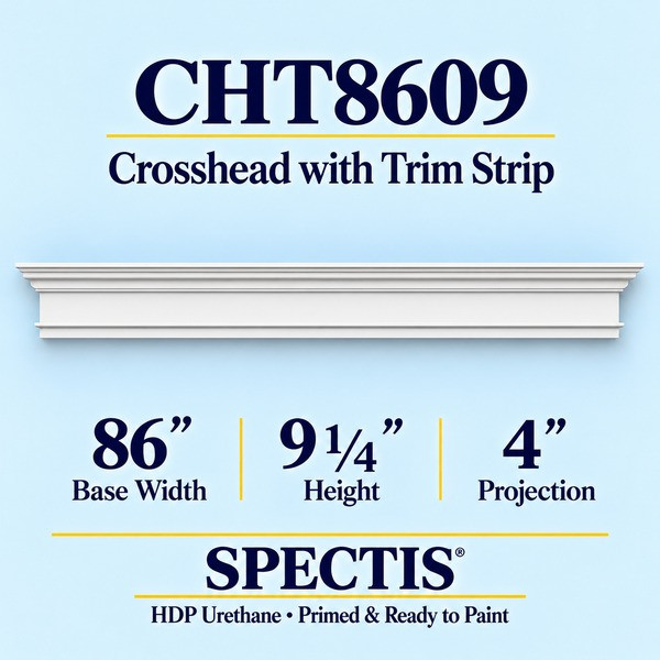 CHT8609 Crosshead with Trim Strip in primed HDP urethane, 86 inch base width × 9 1/4 inch height × 4 inch projection