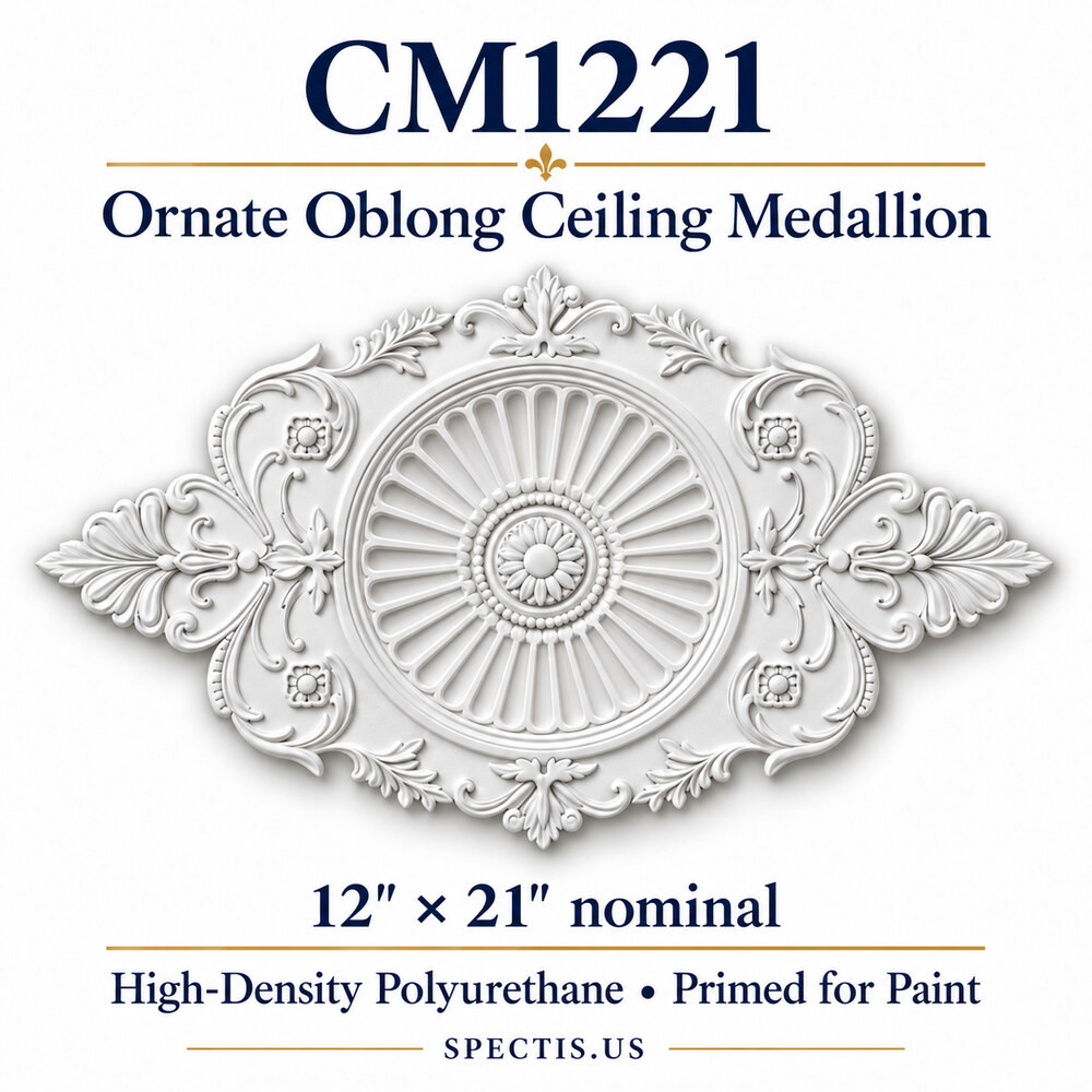 CM1221 ornate oblong HDP ceiling medallion with recessed spoon-like radial flutes, central rosette and scrollwork; primed white; 12 x 21 inches nominal.