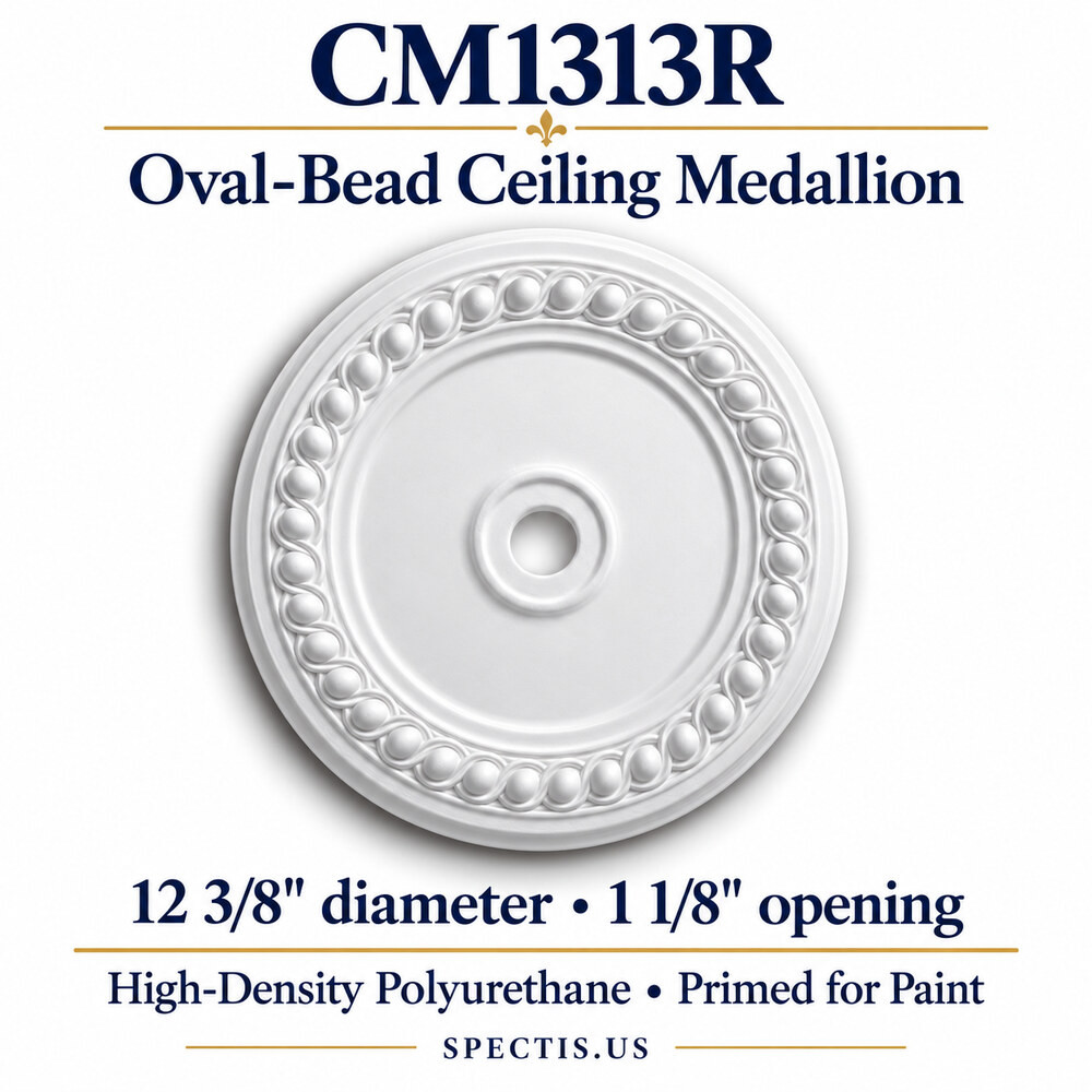 CM1313R oval-bead ceiling medallion, white primed HDP; 12⅜″ diameter; 1⅛″ center opening.