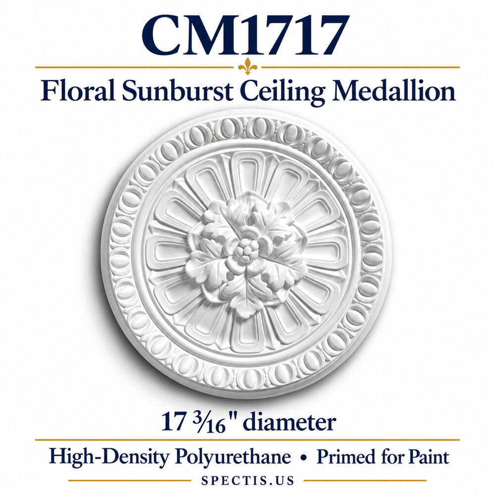 CM1717 floral sunburst ceiling medallion, white primed HDP; 17 3/16″ diameter.