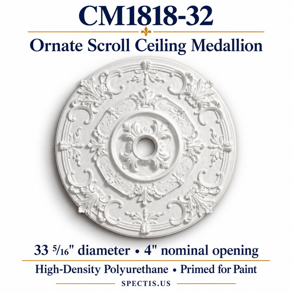 CM1818-32 ornate scroll ceiling medallion, white primed HDP; 33 5/16″ diameter; 4″ nominal center opening.
