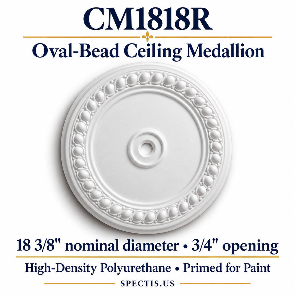 CM1818R oval-bead ceiling medallion, white primed HDP; 18⅜″ nominal diameter; ¾″ center opening.