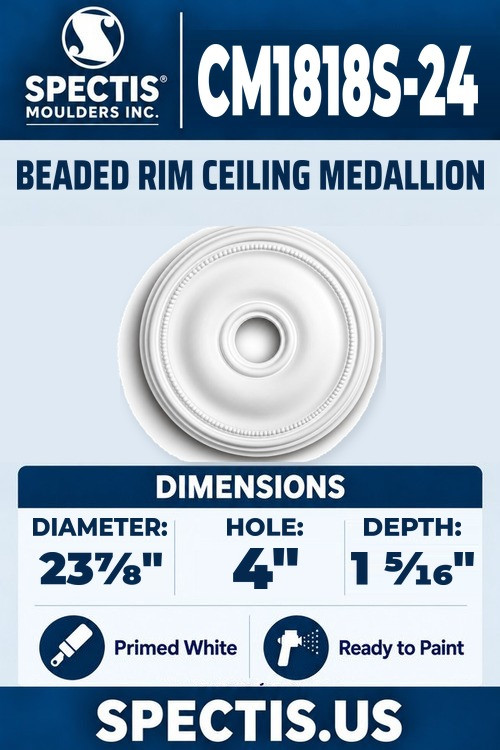 Spectis CM1818S-24 beaded rim ceiling medallion, 23 7/8 inch with 4 inch center hole, 1 5/16 inch depth, primed polyurethane