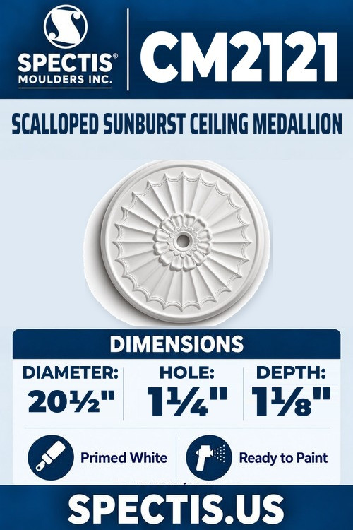 Spectis CM2121 scalloped sunburst ceiling medallion, 20 1/2 inch with 1 1/4 inch center hole, 1 1/8 inch depth, primed polyurethane