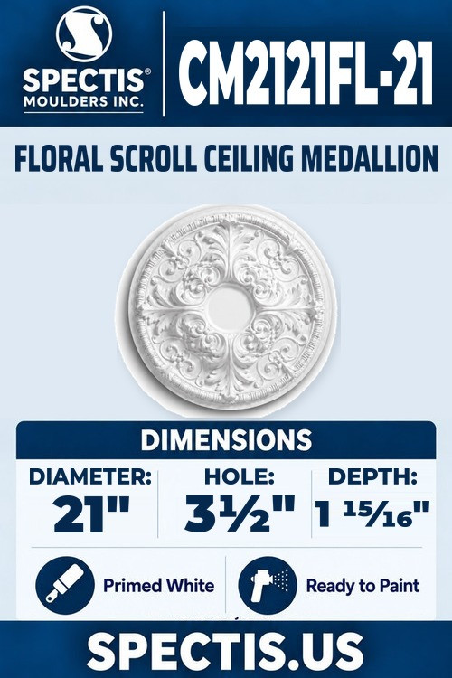 Spectis CM2121FL-21 floral scroll ceiling medallion, 21 inch with 3 1/2 inch center hole, 1 15/16 inch depth, primed polyurethane