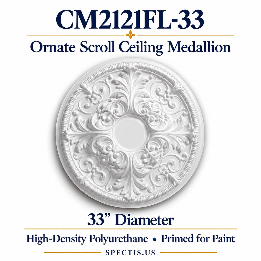 CM2121FL-33 ornate scroll ceiling medallion, white primed high-density polyurethane; 33" Diameter. Product illustration.
