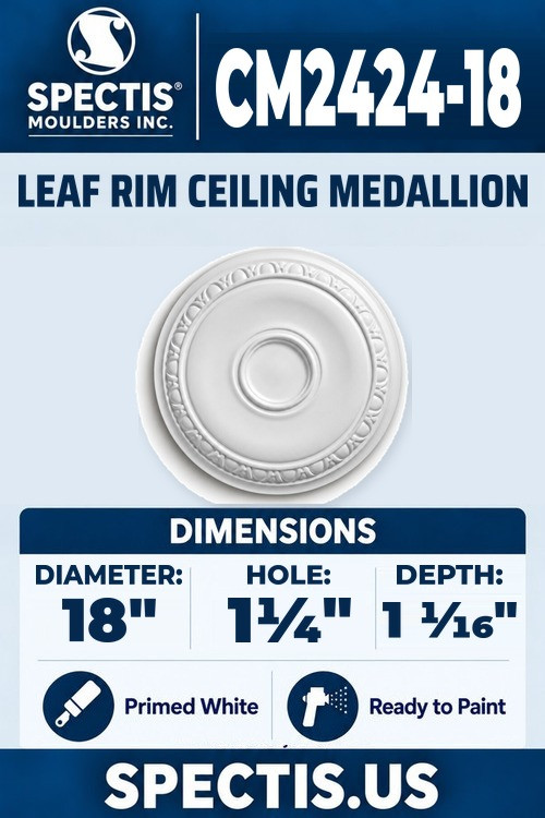 Spectis CM2424-18 leaf rim ceiling medallion, 18 inch with 1 1/4 inch center hole, 1 1/16 inch depth, primed polyurethane