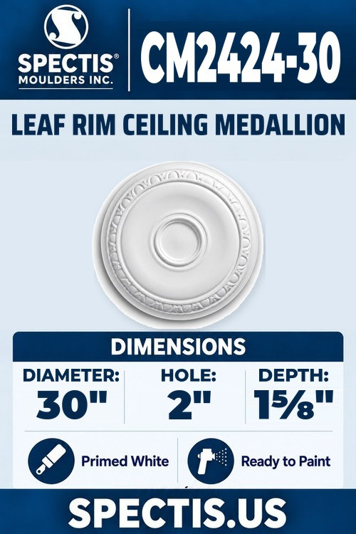 Spectis CM2424-30 leaf rim ceiling medallion, 30 inch with 2 inch center hole, 1 5/8 inch depth, primed polyurethane