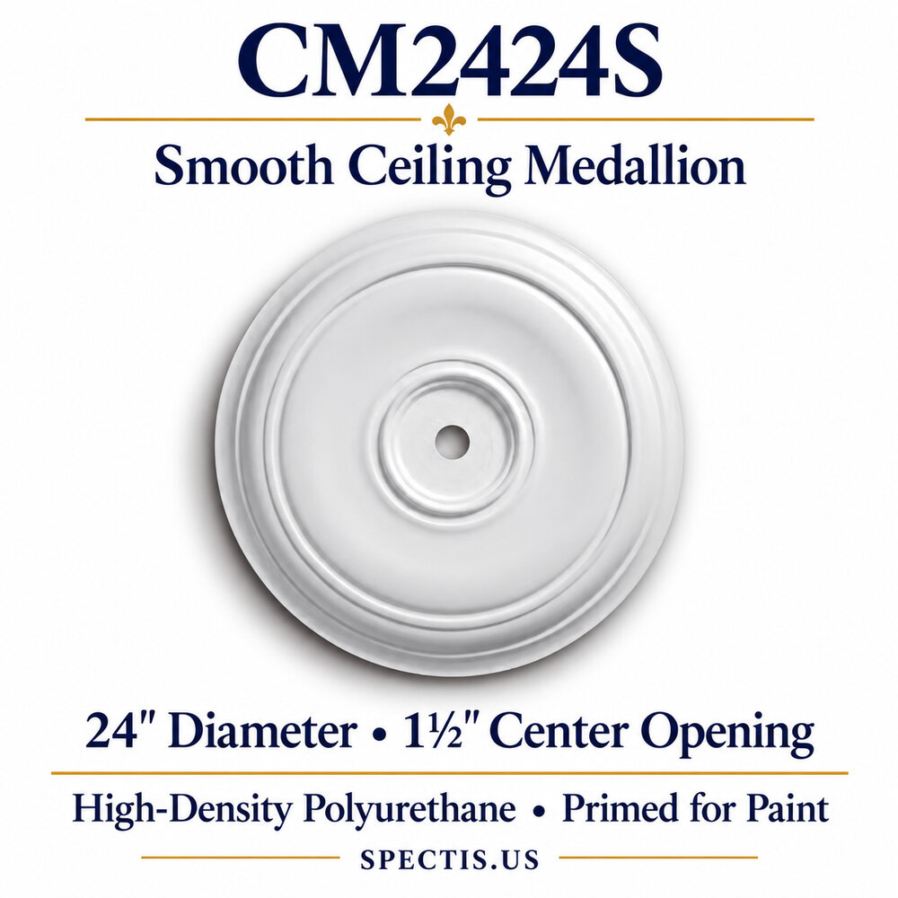 CM2424S smooth ceiling medallion, white primed high-density polyurethane; 24" Diameter • 1½" Center Opening. Product illustration.