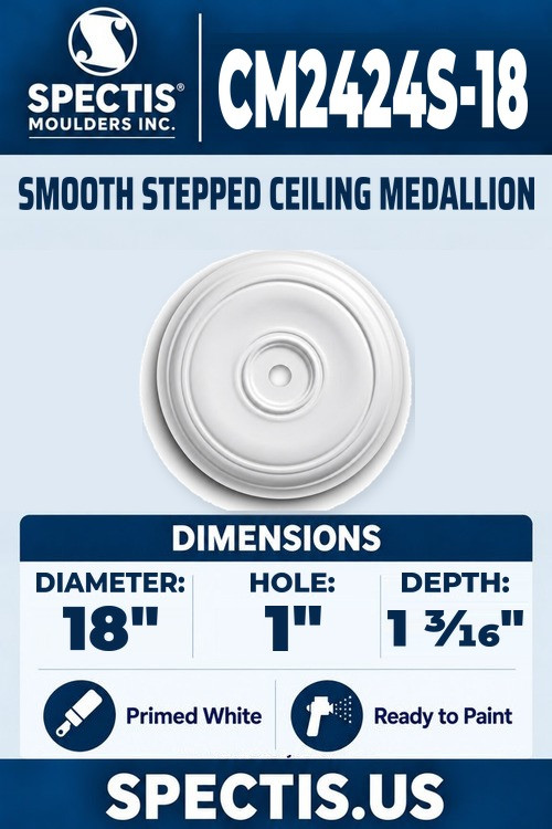 Spectis CM2424S-18 smooth stepped ceiling medallion, 18 inch with 1 inch center hole, 1 3/16 inch depth, primed polyurethane