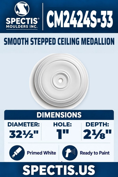 Spectis CM2424S-33 smooth stepped ceiling medallion, 32 1/2 inch with 1 inch center hole, 2 1/8 inch depth, primed polyurethane