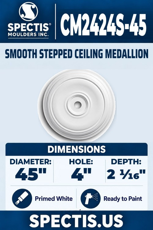 Spectis CM2424S-45 smooth stepped ceiling medallion, 45 inch with 4 inch center hole, 2 1/16 inch depth, primed polyurethane