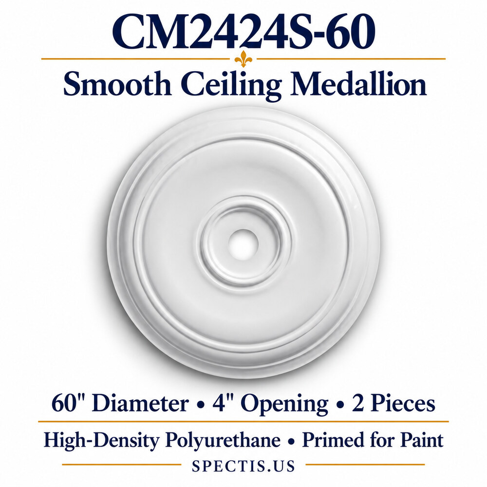 CM2424S-60 smooth ceiling medallion, white primed high-density polyurethane; 60" Diameter • 4" Opening • 2 Pieces. Product illustration.