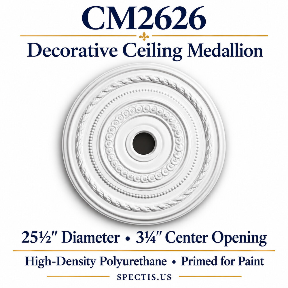 CM2626 decorative ceiling medallion, white primed high-density polyurethane; 25½" Diameter • 3¼" Center Opening. Product illustration.