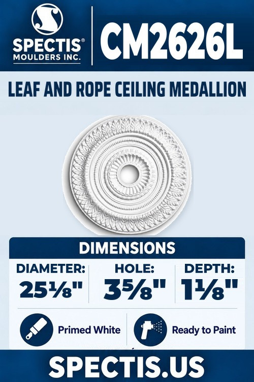 Spectis CM2626L leaf and rope ceiling medallion, 25 1/8 inch with 3 5/8 inch center hole, 1 1/8 inch depth, primed polyurethane