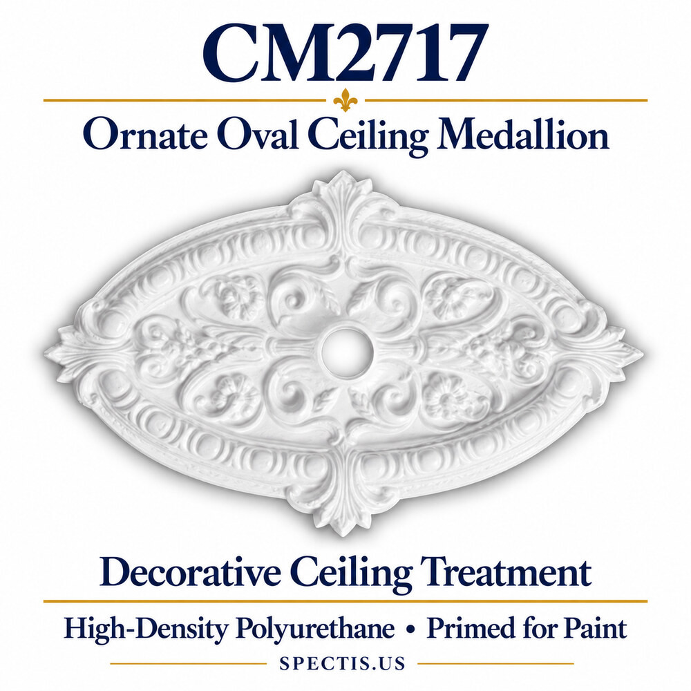 CM2717 ornate oval ceiling medallion, white primed high-density polyurethane. Product illustration.