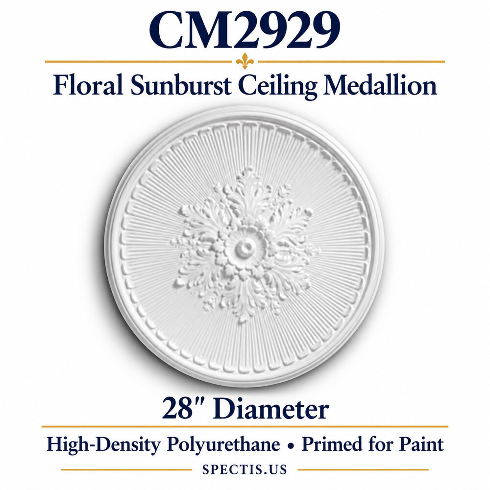 CM2929 floral sunburst ceiling medallion, white primed high-density polyurethane; 28" Diameter. Product illustration.