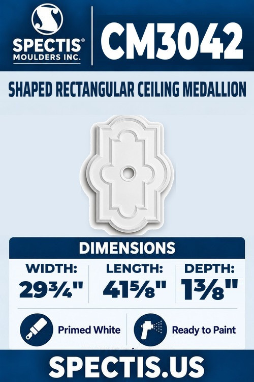 Spectis CM3042 shaped rectangular ceiling medallion, 29 3/4 by 41 5/8 inch with 4 inch center hole, 1 3/8 inch depth, primed polyurethane