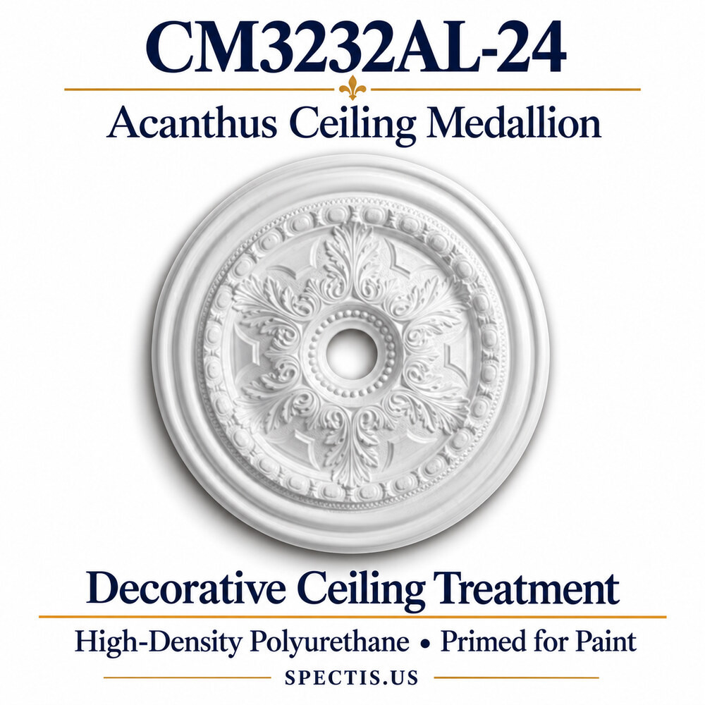 CM3232AL-24 acanthus ceiling medallion, white primed high-density polyurethane. Product illustration.
