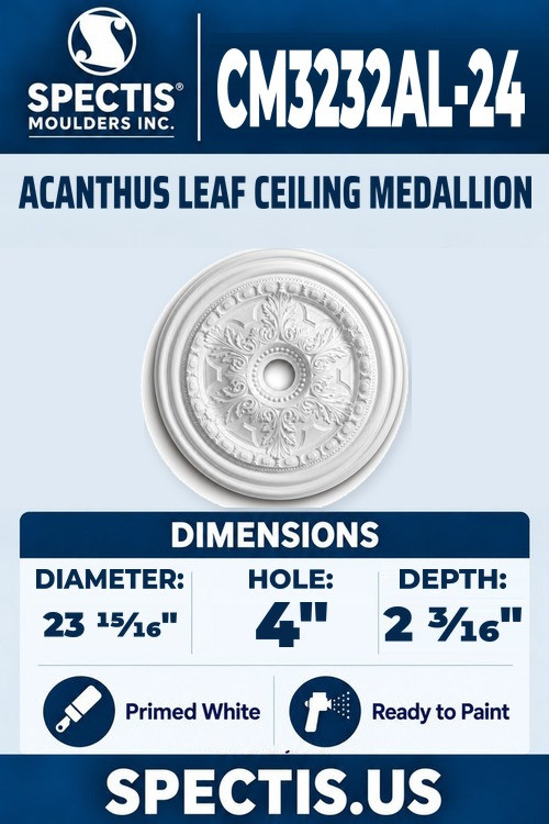 Spectis CM3232AL-24 acanthus leaf ceiling medallion, 23 15/16 inch with 4 inch center hole, 2 3/16 inch depth, primed polyurethane