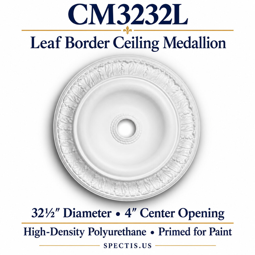 CM3232L leaf border ceiling medallion, white primed high-density polyurethane; 32½" Diameter • 4" Center Opening. Product illustration.
