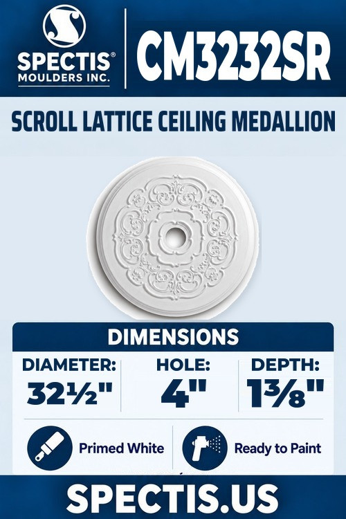 Spectis CM3232SR scroll lattice ceiling medallion, 32 1/2 inch with 4 inch center hole, 1 3/8 inch depth, primed polyurethane