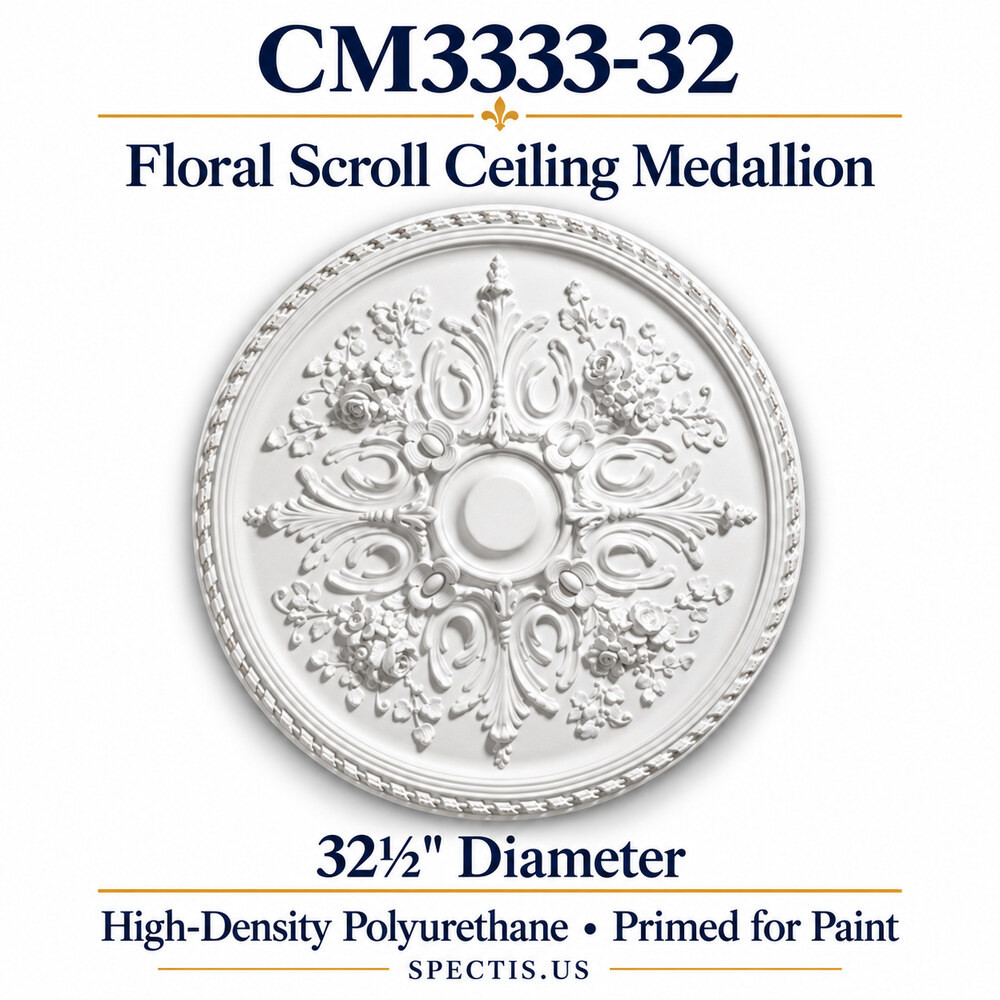 CM3333-32 floral scroll ceiling medallion, white primed high-density polyurethane; 32½" Diameter. Product illustration.