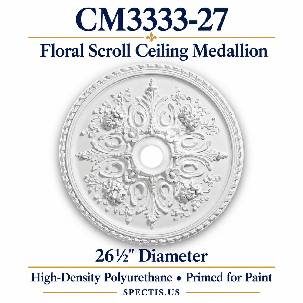 CM3333-27 floral scroll ceiling medallion, white primed high-density polyurethane; 26½" Diameter. Product illustration.