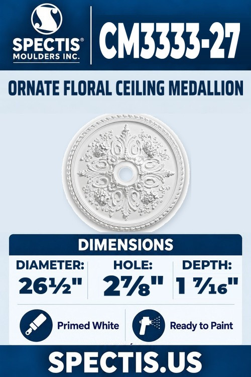 Spectis CM3333-27 ornate floral ceiling medallion, 26 1/2 inch with 2 7/8 inch center hole, 1 7/16 inch depth, primed polyurethane