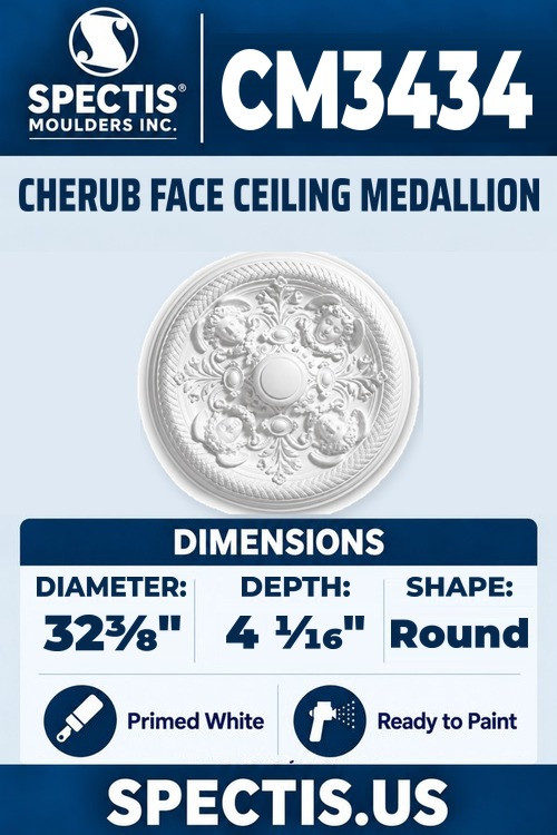 Spectis CM3434 cherub face ceiling medallion, 32 3/8 inch, 4 1/16 inch depth, primed polyurethane