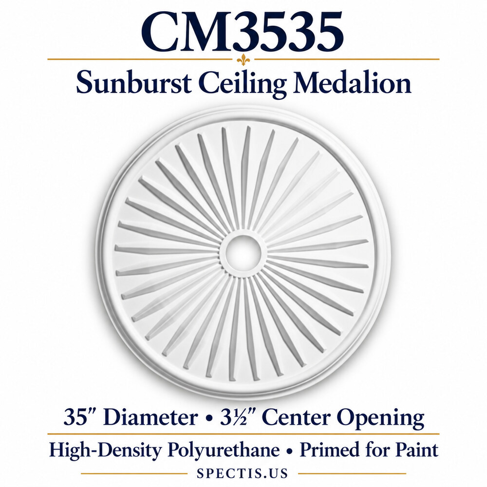 CM3535 sunburst ceiling medallion, white primed high-density polyurethane; 35" Diameter • 3½" Center Opening. Product illustration.