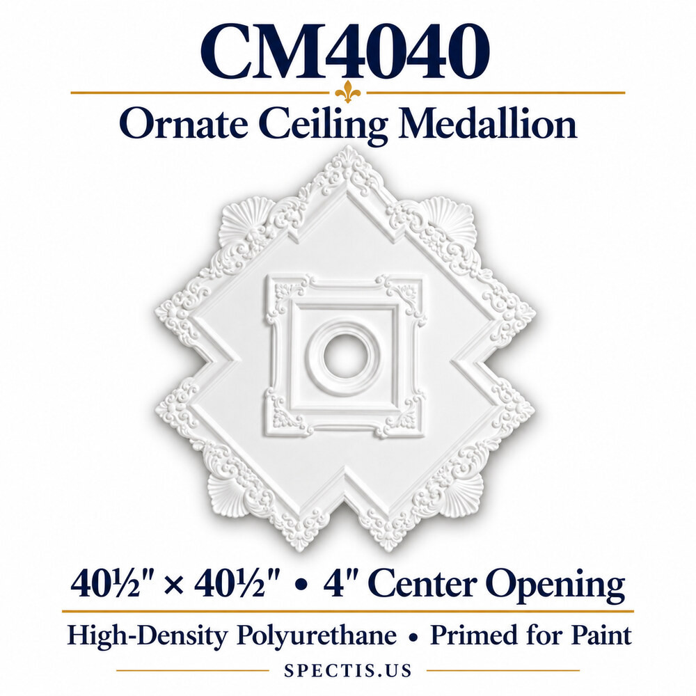CM4040 ornate ceiling medallion, white primed high-density polyurethane; 40½" × 40½" • 4" Center Opening. Product illustration.