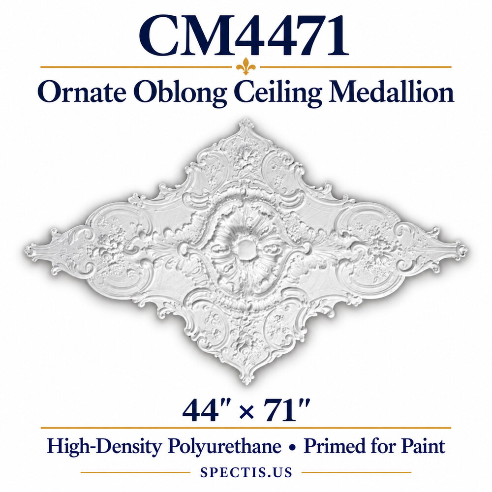 CM4471 ornate oblong ceiling medallion, white primed high-density polyurethane; 44" × 71". Product illustration.