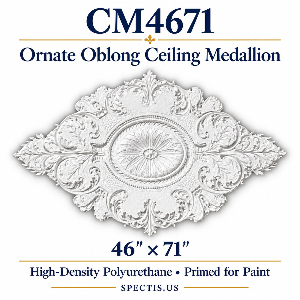 CM4671 ornate oblong ceiling medallion, white primed high-density polyurethane; 46" × 71". Product illustration.