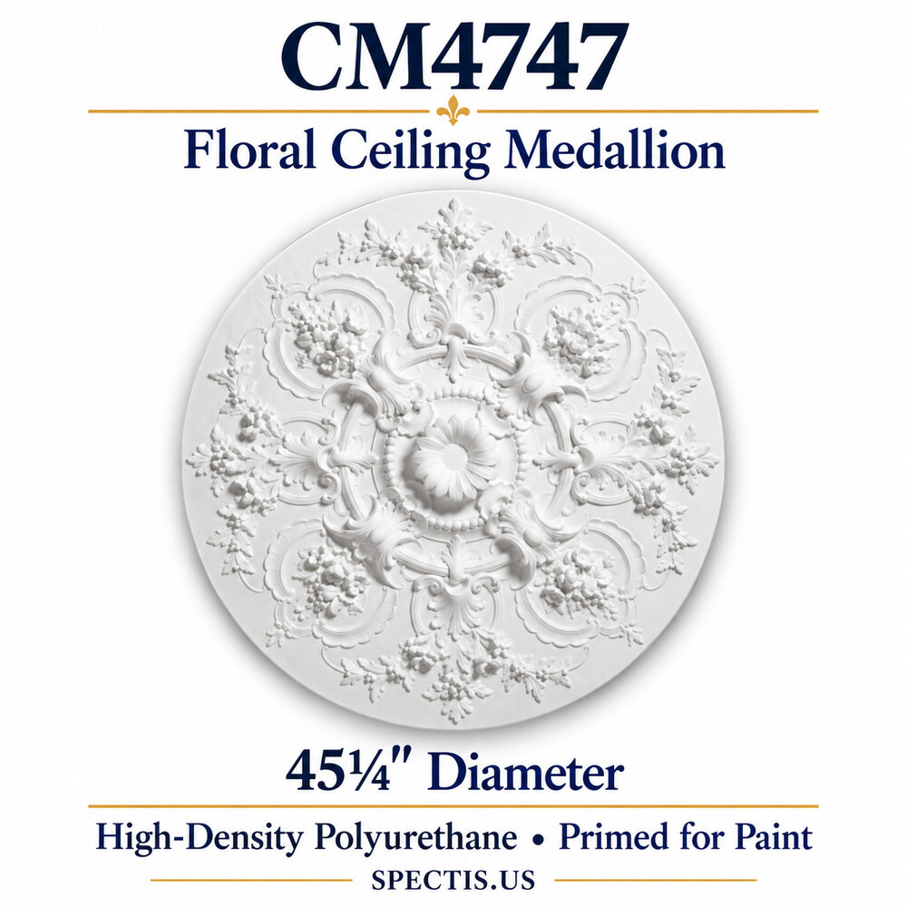 CM4747 floral ceiling medallion, white primed high-density polyurethane; 45¼" Diameter. Product illustration.