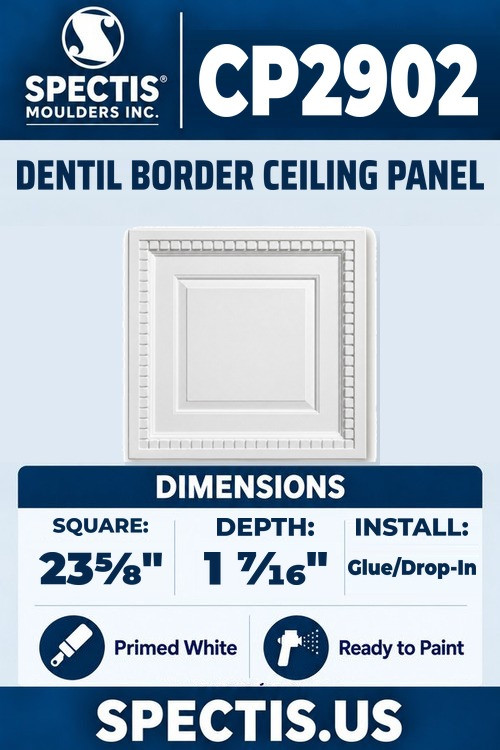 Spectis CP2902 dentil border ceiling panel, 23 5/8 inch square, 1 7/16 inch depth, primed polyurethane