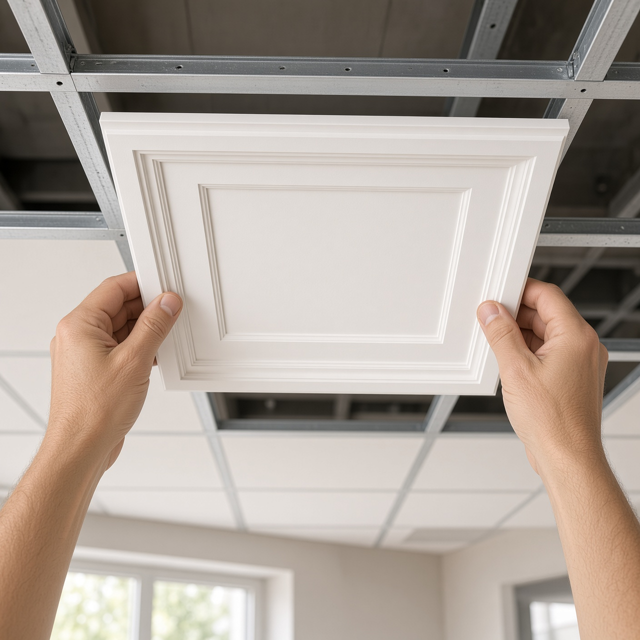 Lifting a CP2904 panel into a suspended ceiling grid
