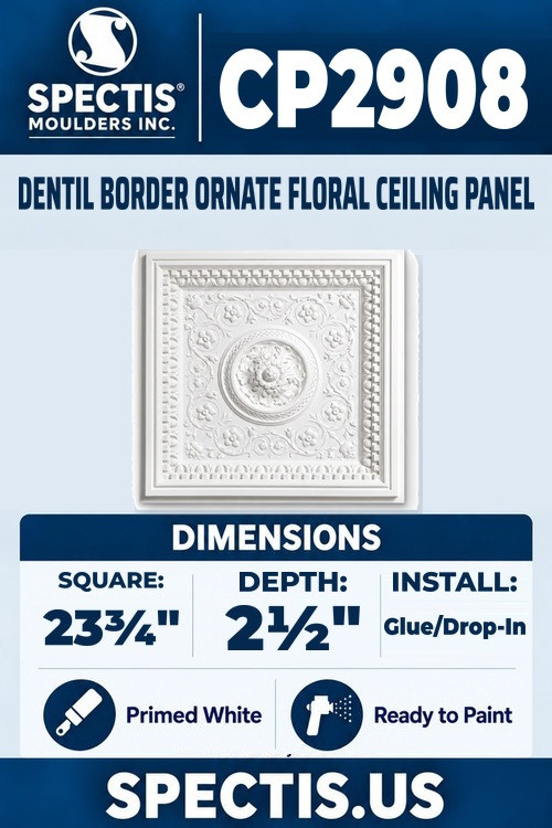 Spectis CP2908 dentil border ornate floral ceiling panel, 23 3/4 inch square, 2 1/2 inch depth, primed polyurethane