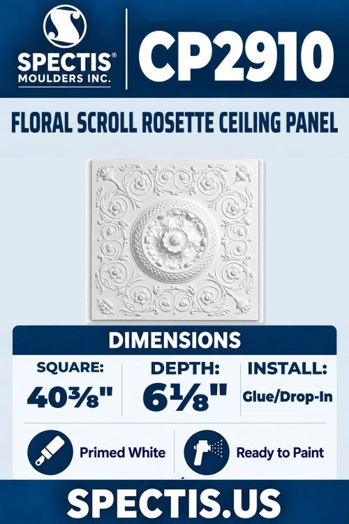 Spectis CP2910 floral scroll rosette ceiling panel, 40 3/8 inch square, 6 1/8 inch depth, primed polyurethane
