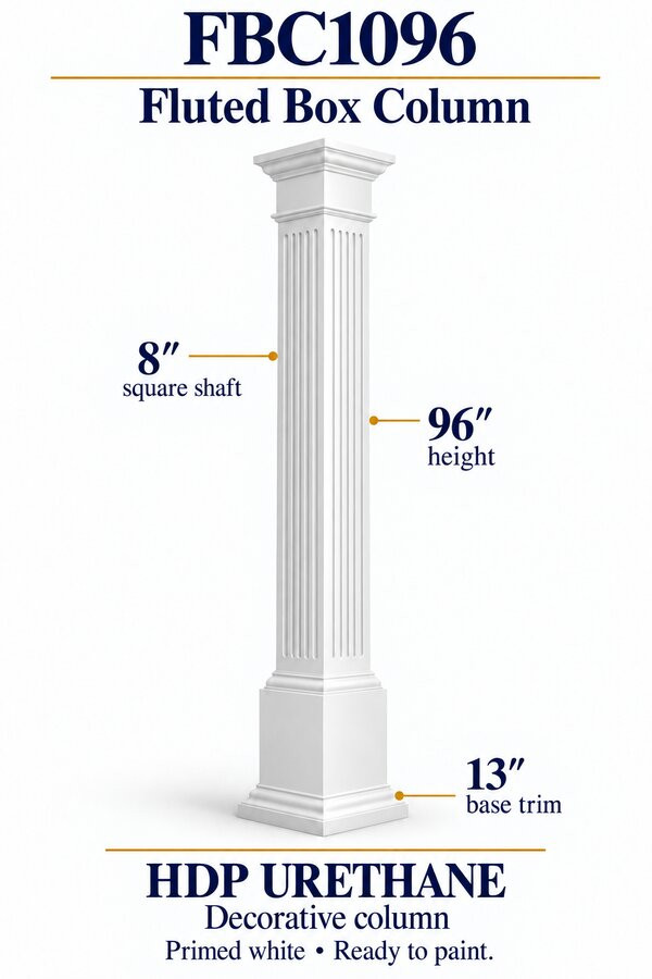 FBC1096 Fluted Box Decorative Column – 8″ square shaft × 96″ H