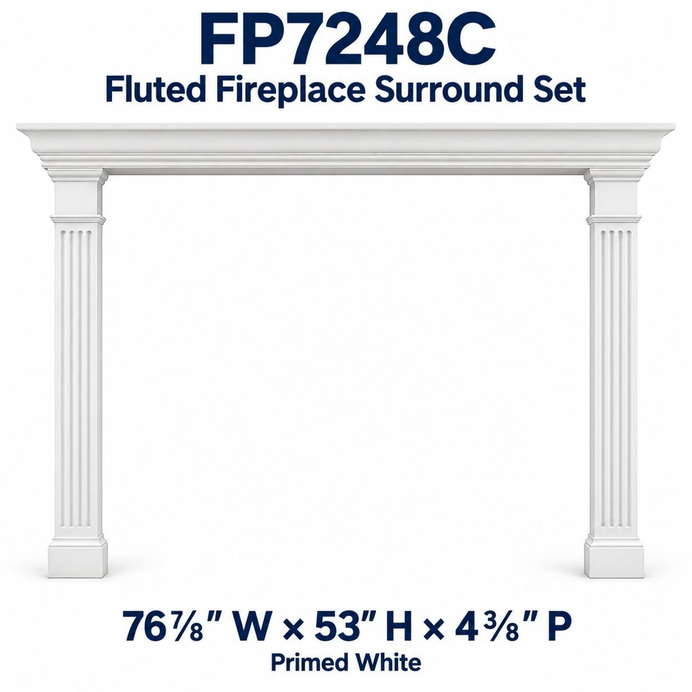 FP7248C Fluted Fireplace Surround Set; 76⅞″ W × 53″ H × 4⅜″ P; primed white