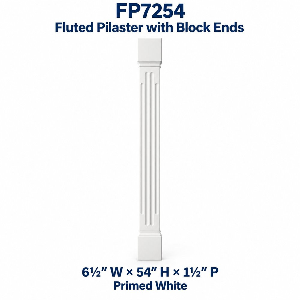 FP7254 Fluted Pilaster with Block Ends; 6½″ W × 54″ H × 1½″ P; primed white