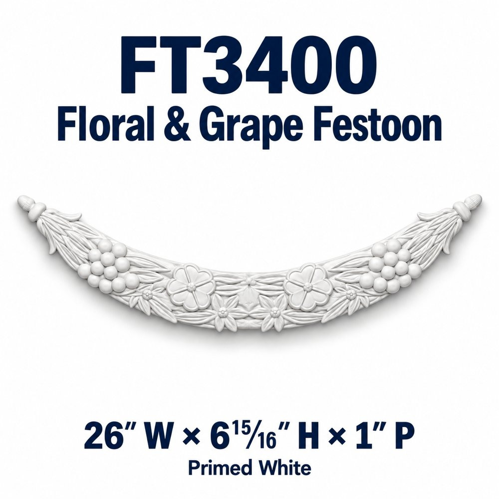 FT3400 Floral & Grape Festoon; 26″ W × 6¹⁵⁄₁₆″ H × 1″ P; primed white