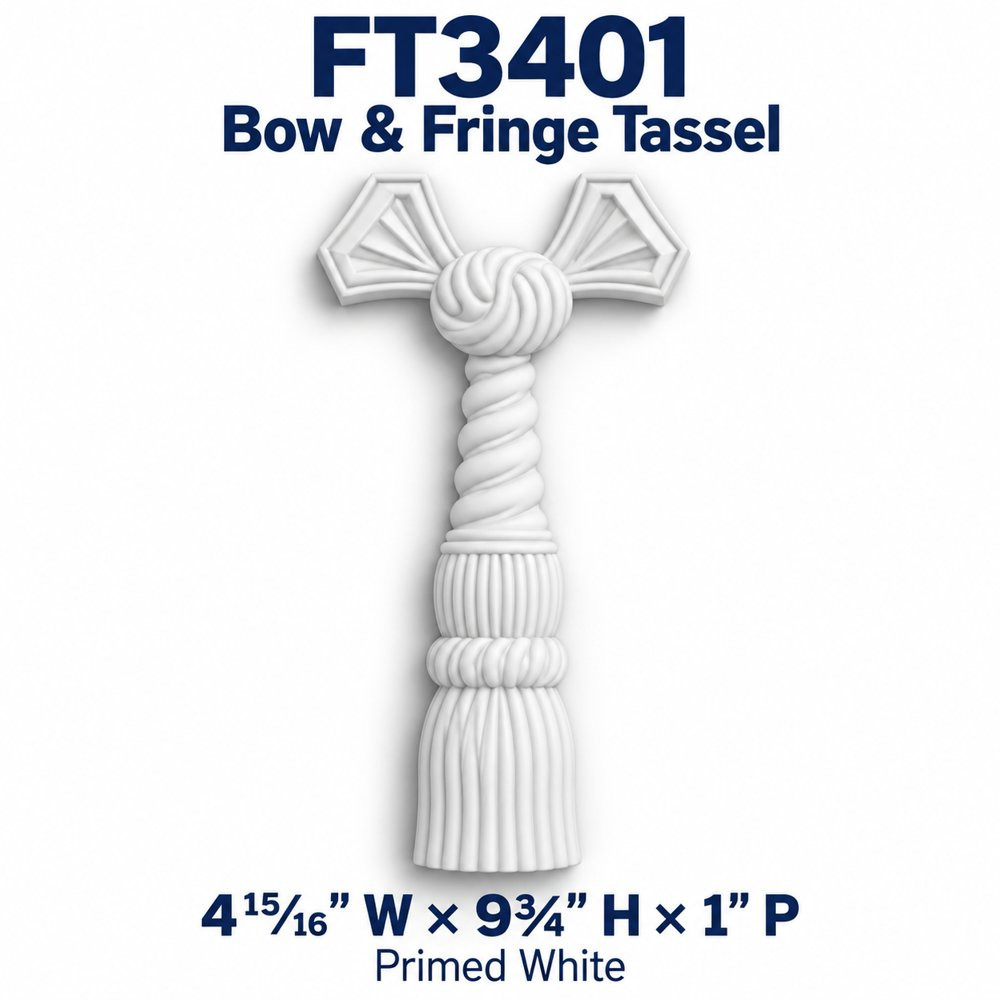 FT3401 Bow & Fringe Tassel; 4¹⁵⁄₁₆″ W × 9¾″ H × 1″ P; primed white