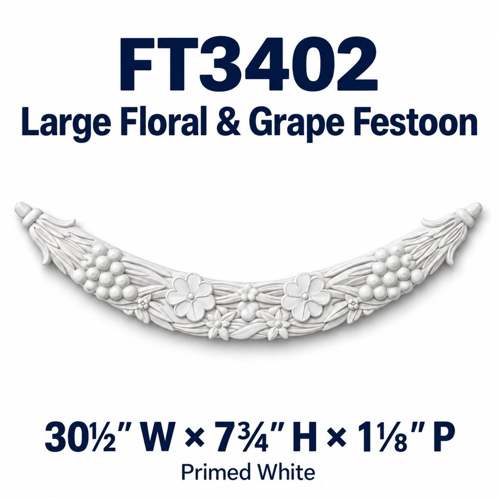 FT3402 Large Floral & Grape Festoon; 30½″ W × 7¾″ H × 1⅛″ P; primed white