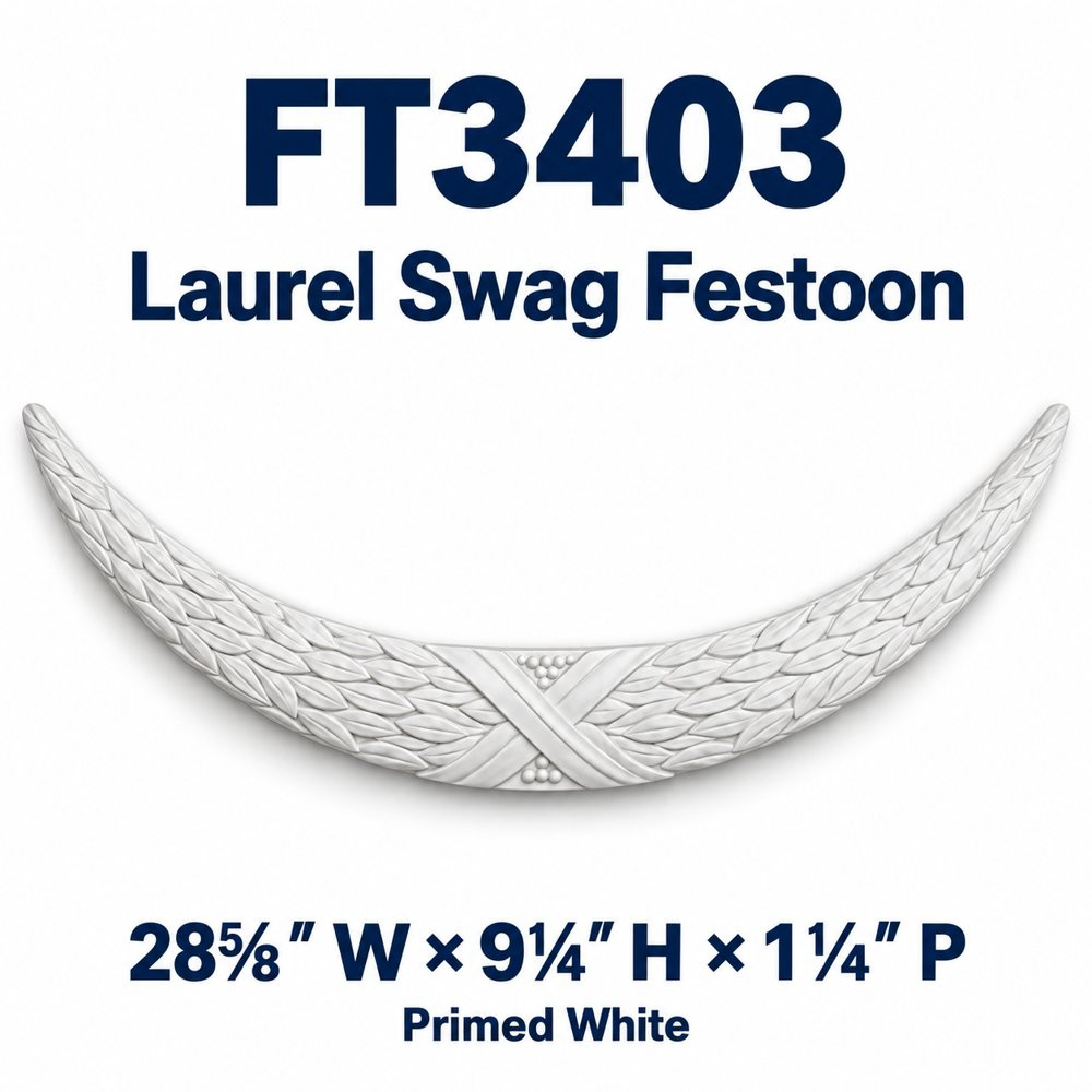 FT3403 Laurel Swag Festoon; 28⅝″ W × 9¼″ H × 1¼″ P; primed white