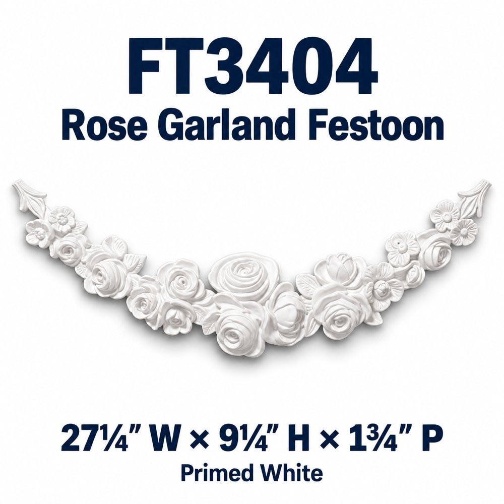 FT3404 Rose Garland Festoon; 27¼″ W × 9¼″ H × 1¾″ P; primed white