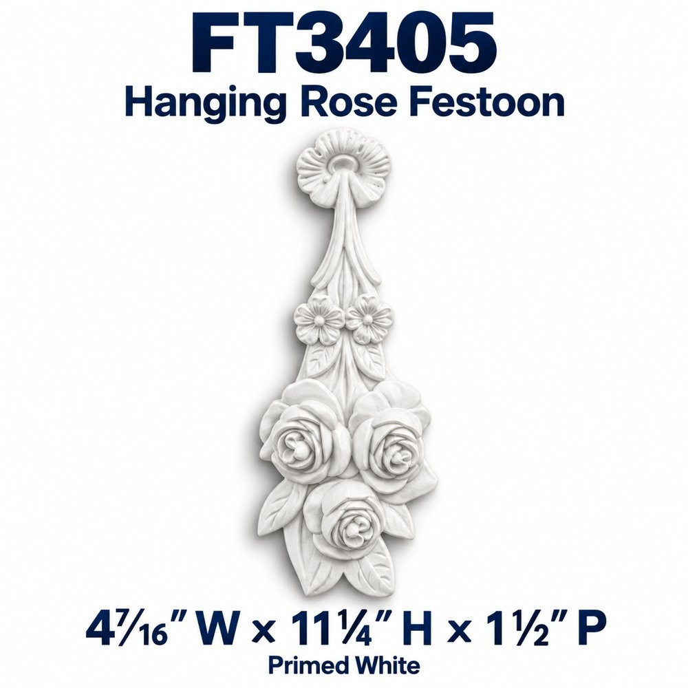FT3405 Hanging Rose Festoon; 4⁷⁄₁₆″ W × 11¼″ H × 1½″ P; primed white