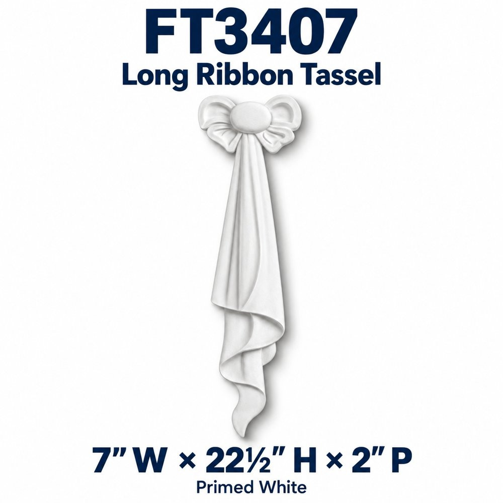 FT3407 Long Ribbon Tassel; 7″ W × 22½″ H × 2″ P; primed white